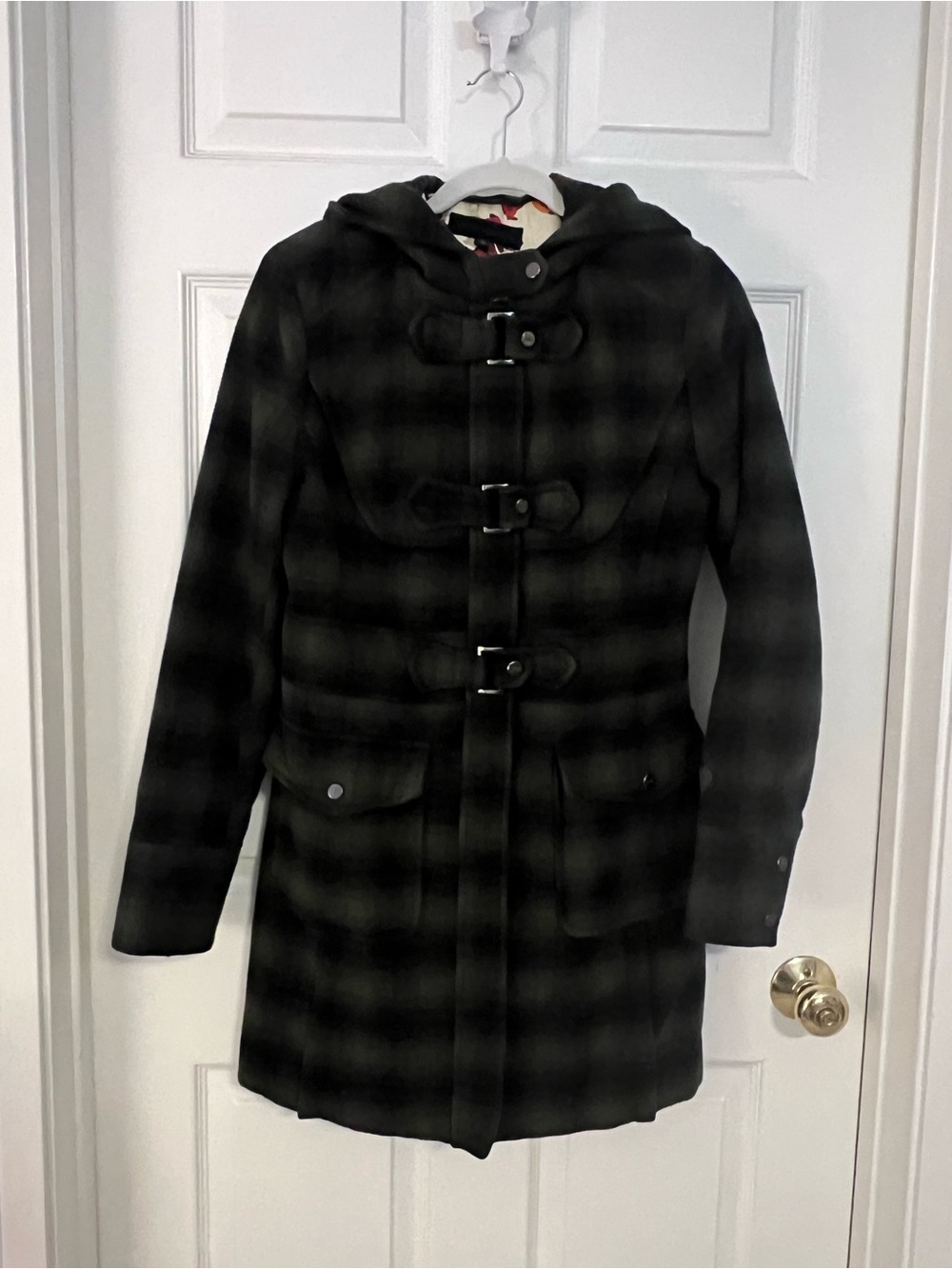 Steve Madden Plaid Toggle Coat with Hood - Black and Dark Green